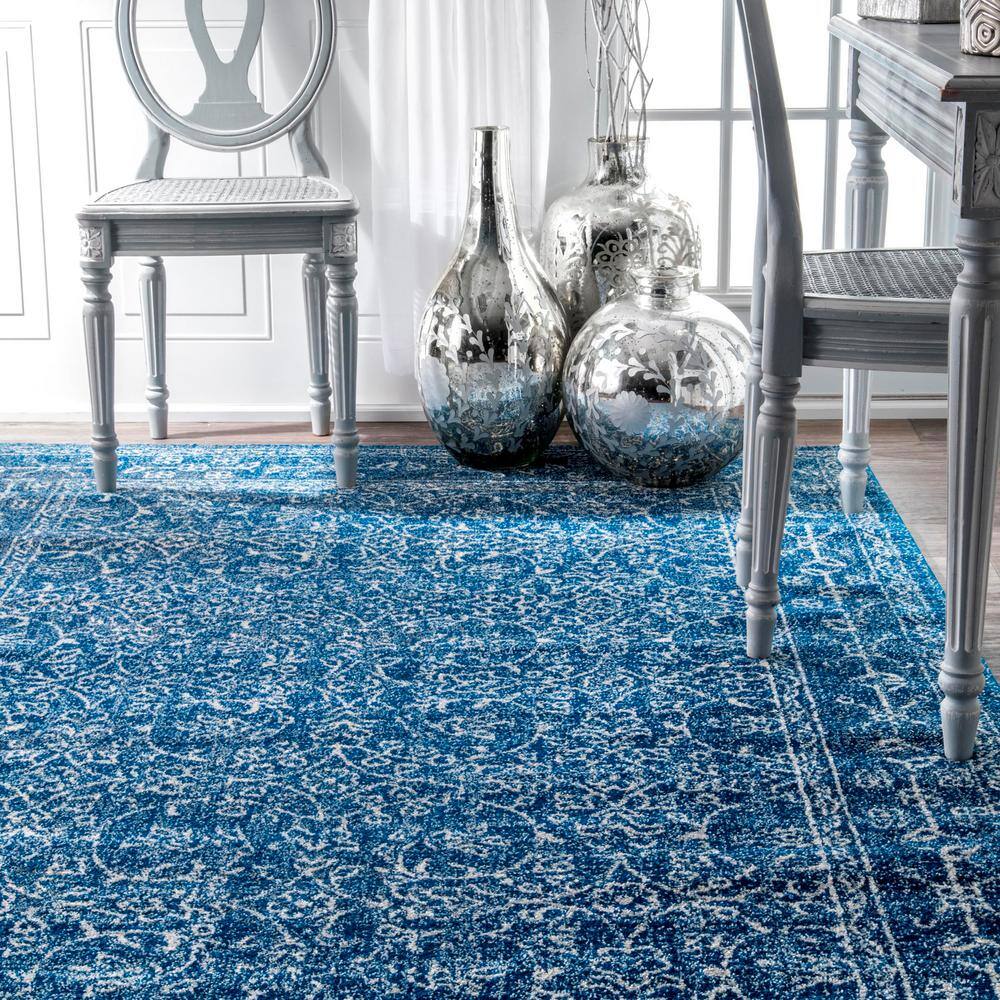 Vintage Dark Blue Round Synthetic Area Rug, 5'