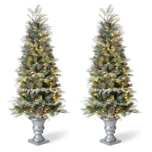 5 ft. Pre-Lit Pine Artificial Christmas Porch Tree with 180 Warm White Lights and Pine Cones (2-Pack)