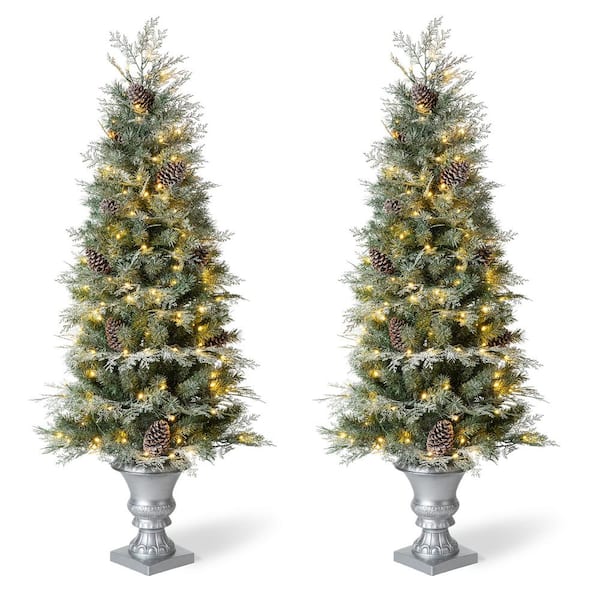 Glitzhome 5 ft. Pre-Lit Pine Artificial Christmas Porch Tree with 180 Warm White Lights and Pine Cones (2-Pack)