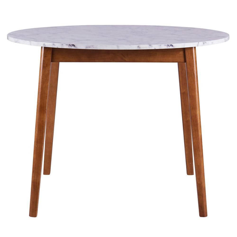 Ashton 40" Round White Faux Marble Dining Table with Walnut Base