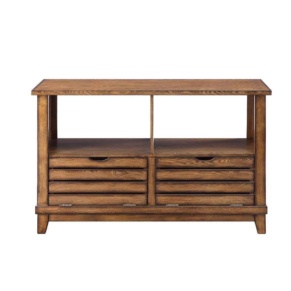 Brown Oak Slatted Front Sofa Table with Storage