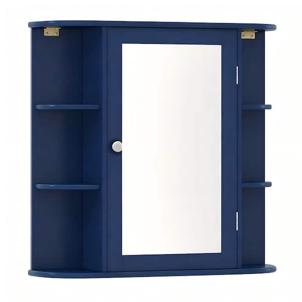 26 in. W x 25 in. H Rectangular MDF Medicine Cabinet with Mirror and 6 Open Storage Shelves in Blue