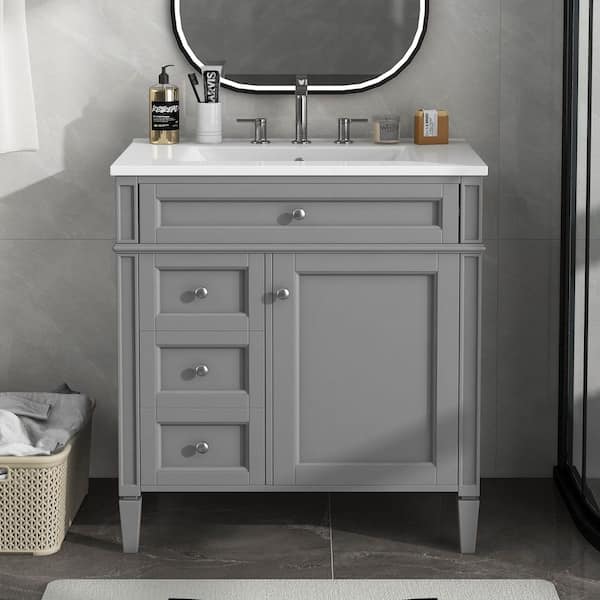 30 in, Single Sink Freestanding Gray Bath Vanity with White Ceramic Top, Adjustable Shelf Tip-out Drawer 2 Drawers