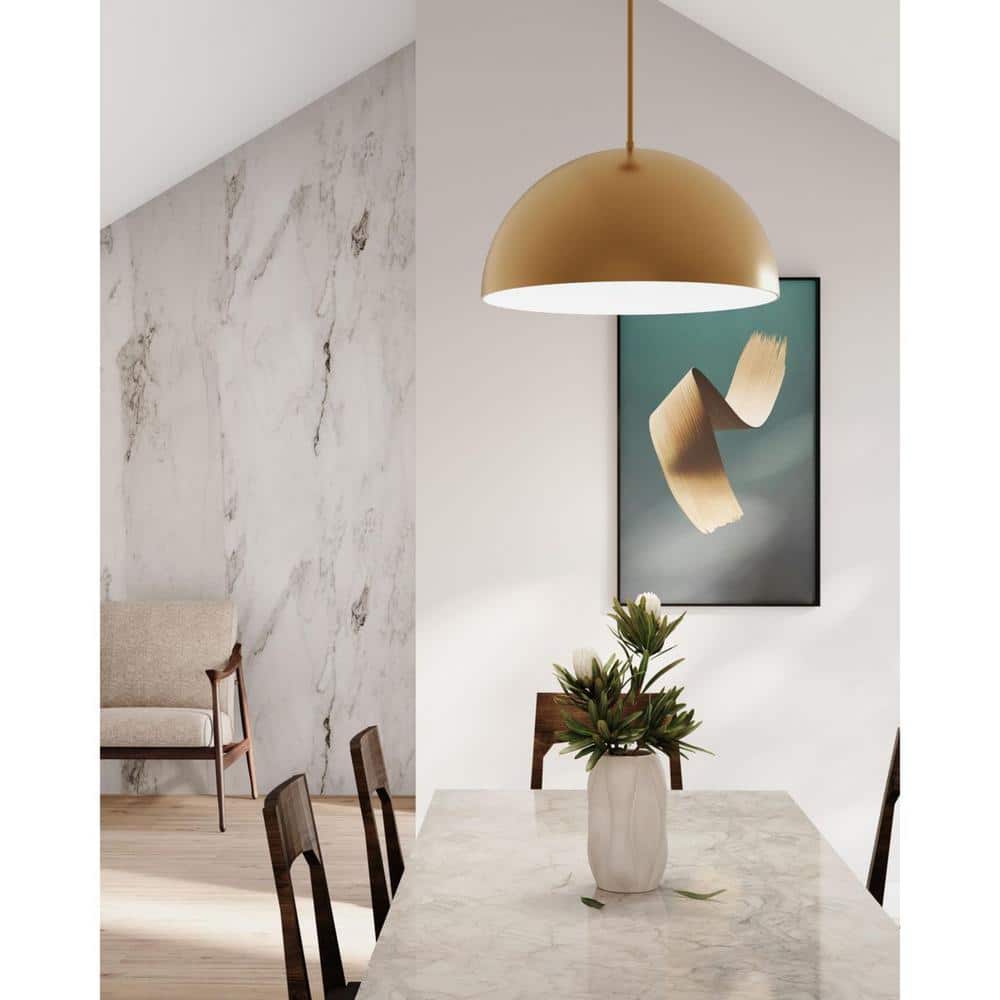 Elegant Brushed Gold 23.62" Modern Bowl Pendant with White Interior