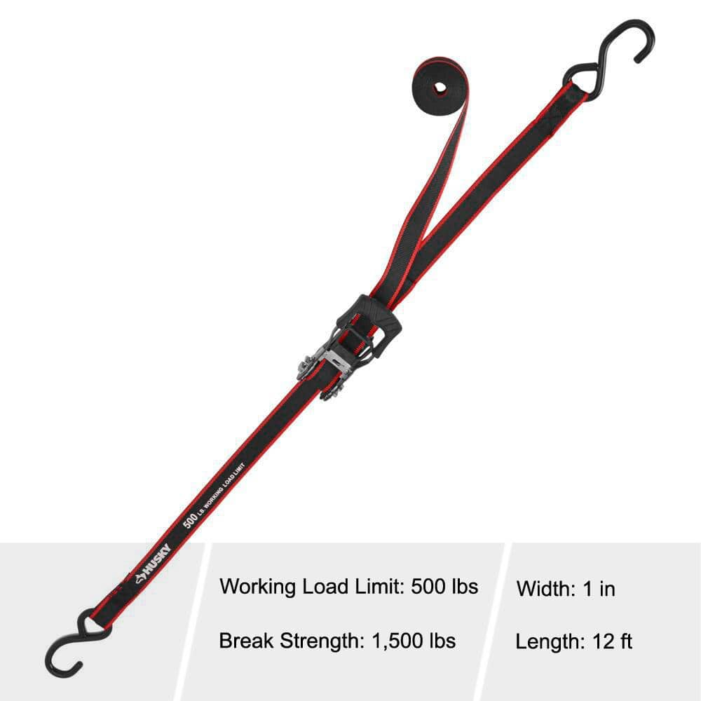 12 ft x 1 in Black and Red Weather Resistant Ratchet Tie-Down Straps with S-Hook (4-Pack)