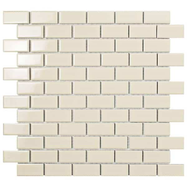 Merola Tile Metro Subway Glossy Biscuit 11-3/4 in. x 11-3/4 in. x 5 mm Porcelain Mosaic Tile (9.6 sq. ft. / case)
