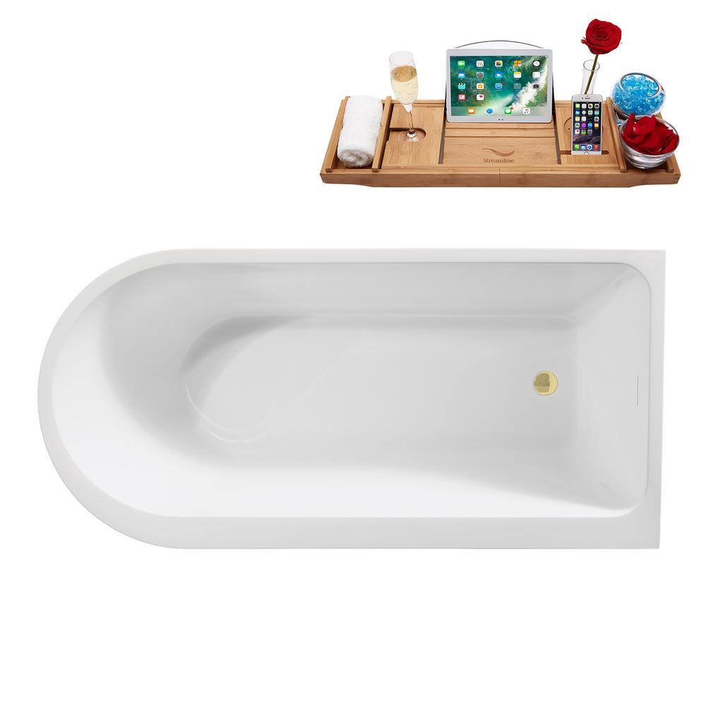 65" Glossy White Acrylic Freestanding Soaking Bathtub with Bamboo Tray