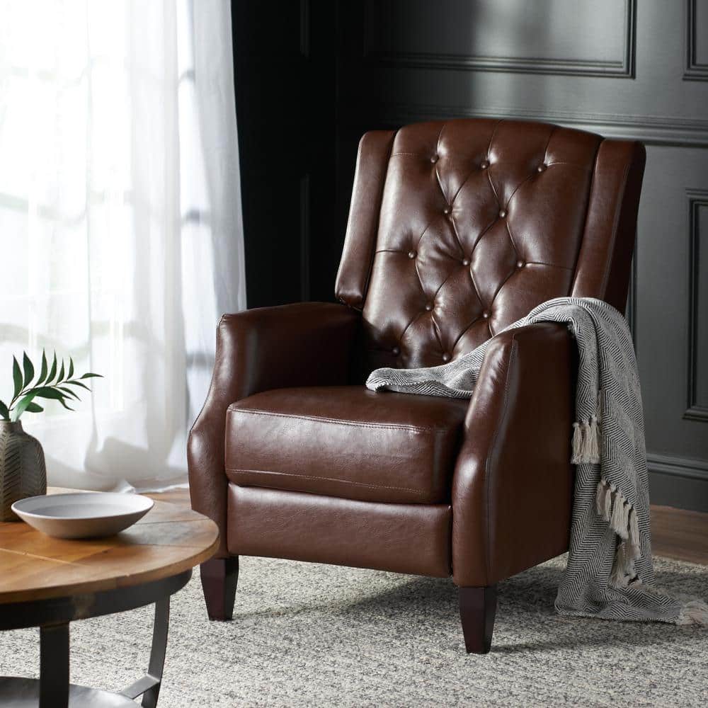 Chic Dark Brown Faux Leather Push-Back Club Recliner