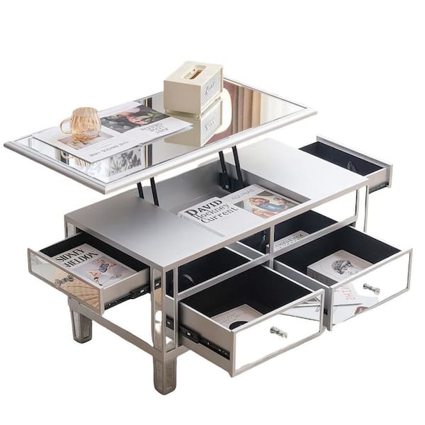 35.4 in. Mirrored Rectangle MDF Coffee Table with Lift Top and Drawers
