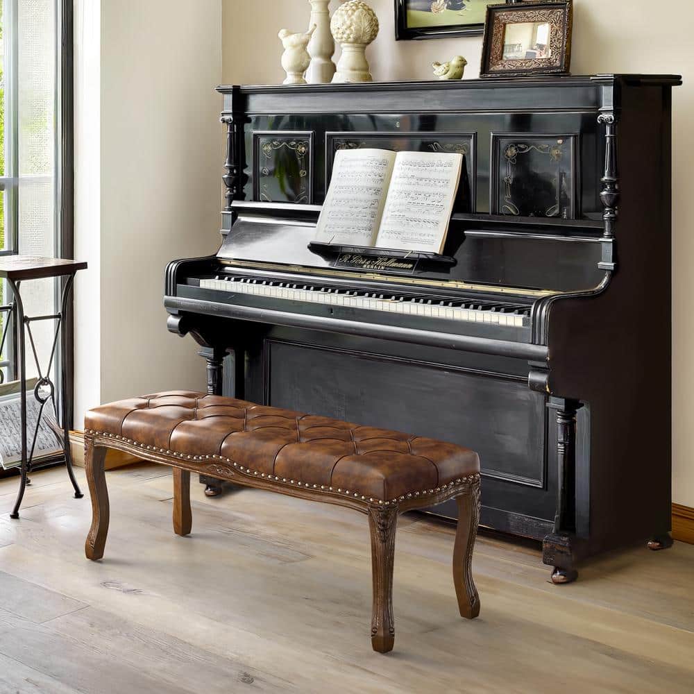 45 in. Brown Solid Wood Upholstered Vintage Entryway Bench Bedroom Bench Ottoman Tufted End of Bed Bench for Living Room