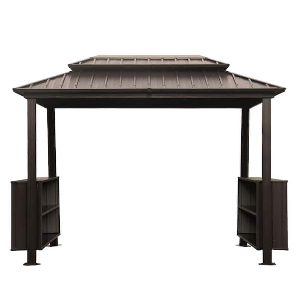 6 ft. x 10 ft. Brown Outdoor Hardtop Grill Gazebo w/ Double Galvanized Steel Roof/2-Storage Cabinets/Ceiling Hooks