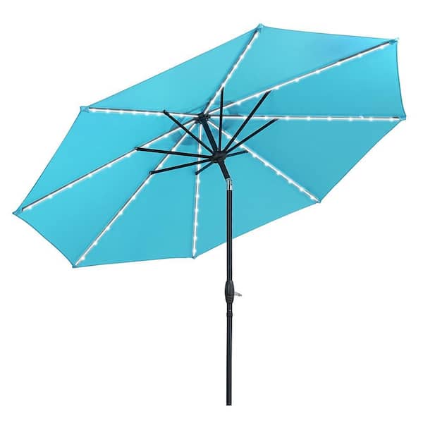 10 ft. Solar Patio Umbrellas in Blue with LED lights for Market Outdoor Pool, Steel Tilt Crank