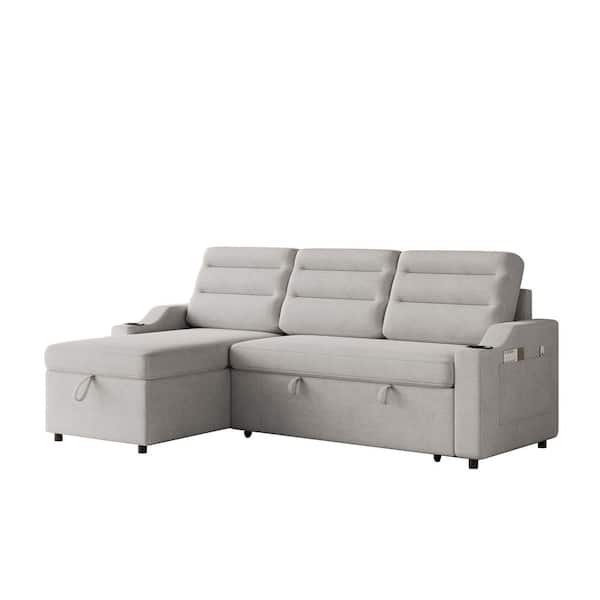 Modern 83.5 in. Light Grey Fabric Twin Size Sofa Bed with Storage and Cup Holder