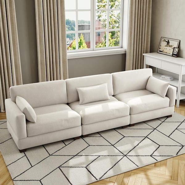 Uixe 123 in. Square Arm 3-piece Corduroy Upholstered 3-Seater Sectional Sofa in Sea Salt Gray