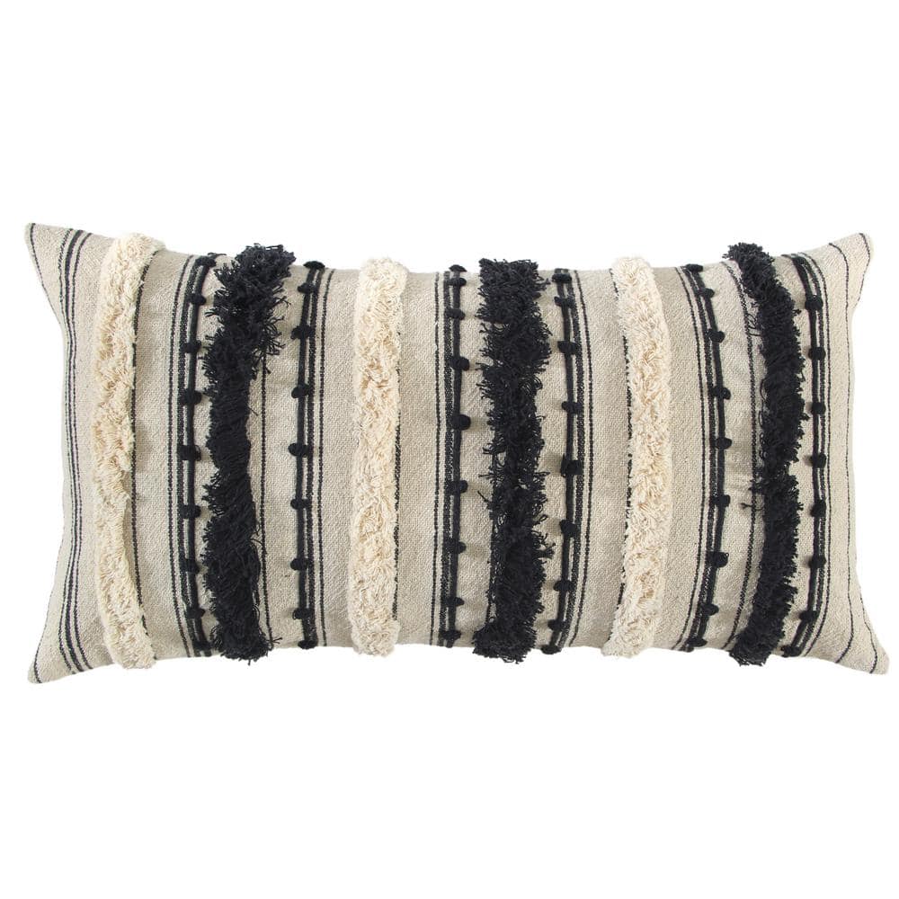 Tiwari Home 20 Black and Beige Striped Square Throw Pillow Cover with  Fringe Edges