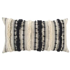Ivory/Black Striped Eyelash Fringe and Embroidered Accents Cotton Poly Filled 14 in. x 26 in. Decorative Throw Pillow