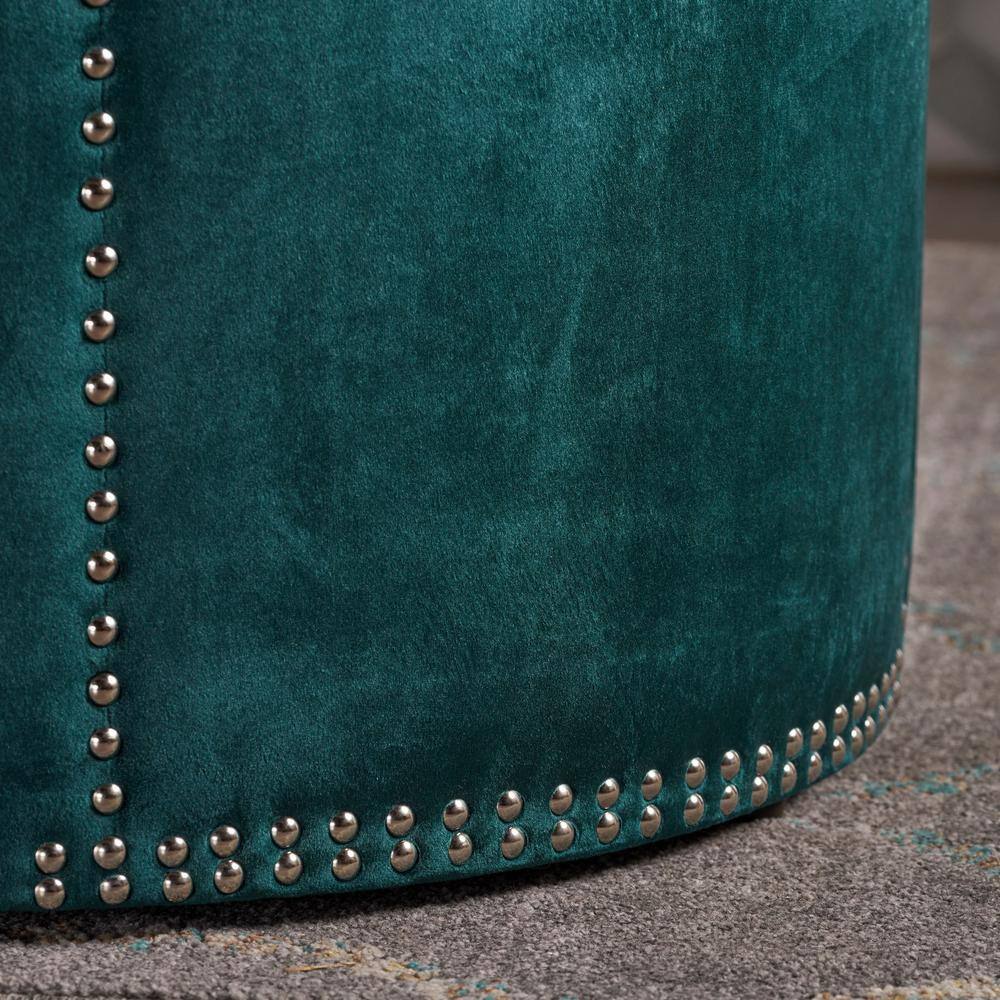 Teal Velvet Round Studded Accent Ottoman