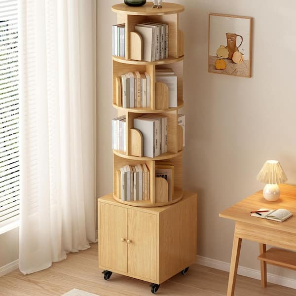 69.68 in. Tall Natural Wood 360 Degree Display 5 Tier Corner Bookcase with Drawer for Small Space