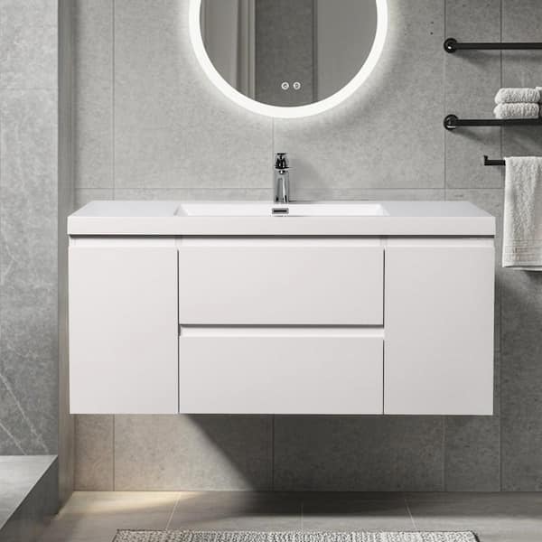48 in. Wall-Mounted Floating Bath Vanity in Gloss White with Single Solid Surface Sink Top in White