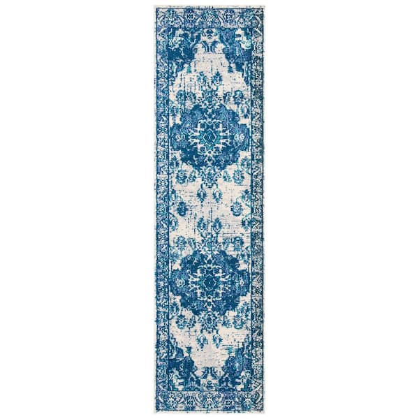 SAFAVIEH Monaco Ivory/Blue 2 ft. x 6 ft. Distressed Border Medallion Runner Rug