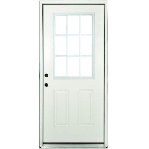 Steves & Sons 32 in. x 80 in. Reliant Series Right-Hand 9-Lite External Grille White Primed Fiberglass Prehung Front Door