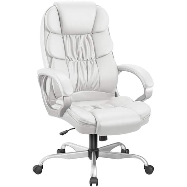 White Big and High Back Office Chair, PU Leather Executive Computer Chair with Lumbar Support