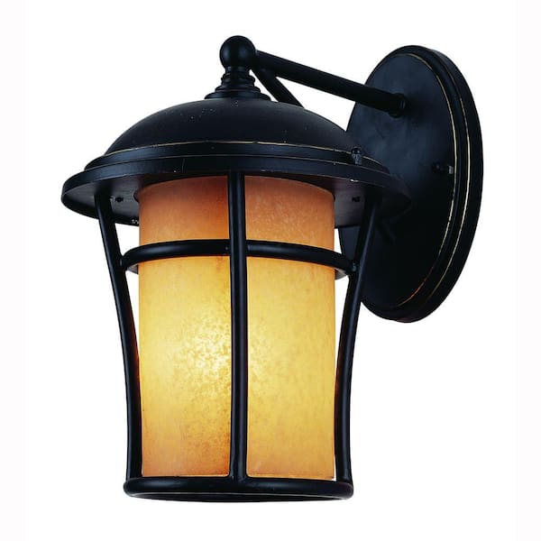 Bel Air Lighting Cottaqe House 1-Light Outdoor Weathered Bronze Coach Wall Lantern with Amber Glass