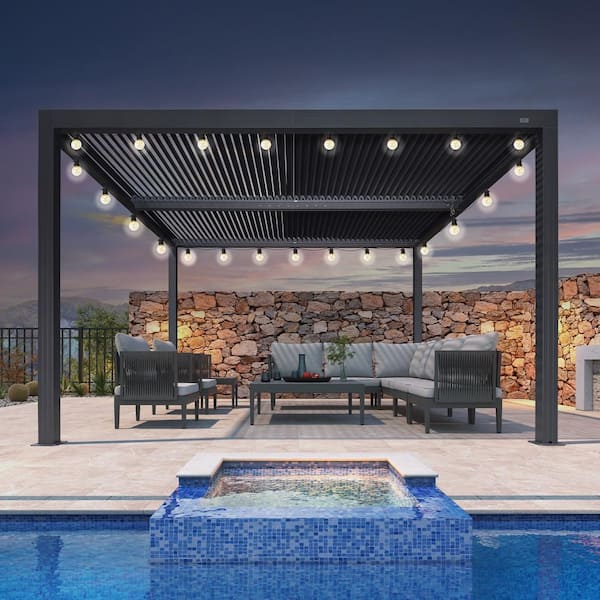 PURPLE LEAF 12 ft. x 12 ft. Gray Aluminum Frame Outdoor Louvered Pergola with Adjustable Sunshade Roof and Solar String Lights