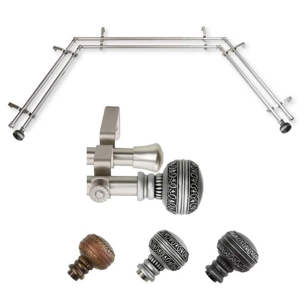 Rod Desyne 13/16" Dia Adjustable 20"-36", 38"-72" Bay Window Double curtain rod with Ornament Finials in Satin Nickel