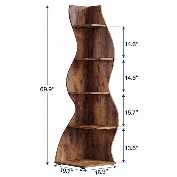 Eulas 69.8 in. Tall Rustic Brown Wood 5-Shelf Standard Bookcase Corner Bookshelf with Storage Shelf and Curvy Shape