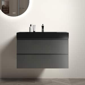 NOBLE 36 in. W x 18 in. D x 25 in. H Single Sink Floating Bath Vanity in Gray with Black Solid Surface Top (No Faucet)