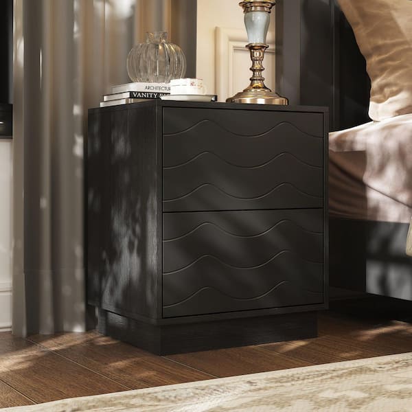 FUFU&GAGA Black 2-Drawer 19.6 in. W Wood Nightstand, End Table with Wave Line Drawer Surface