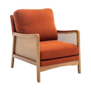 Modern Upholstered Orange Velvet Accent Arm Chair with Wood Legs and Rattan Armrest