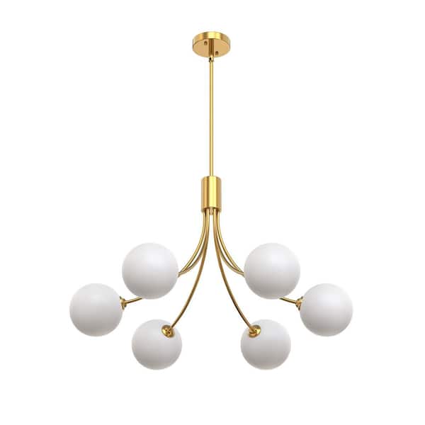 6-Light Gold Sputnik Chandelier, Mid-Century Linear Pendant with Frosted Globe Shades for Retro Dining or Living Room