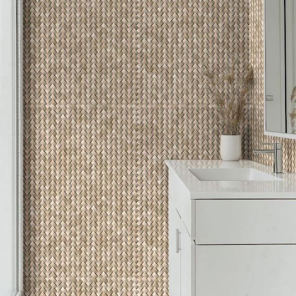 MSI - Take Home Tile Sample - Crema Herringbone 4 in. x 4 in. x 10 mm Polished Marble Mesh-Mounted Mosaic (0.25 sq. ft.)