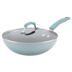11 in. Sky Blue Stir Fry Aluminum Nonstick Classic Brights with Lid