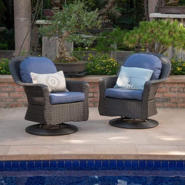 Unbranded Club Wicker Outdoor Rocking Chair for Balcony, Terrace, Patio, with Blue Water Resistant Cushion, Gray (Set of 2)