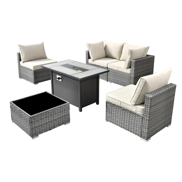 Sanibel Gray 6-Piece Wicker Outdoor Patio Conversation Sofa Sectional Set with a Metal Fire Pit and Beige Cushions