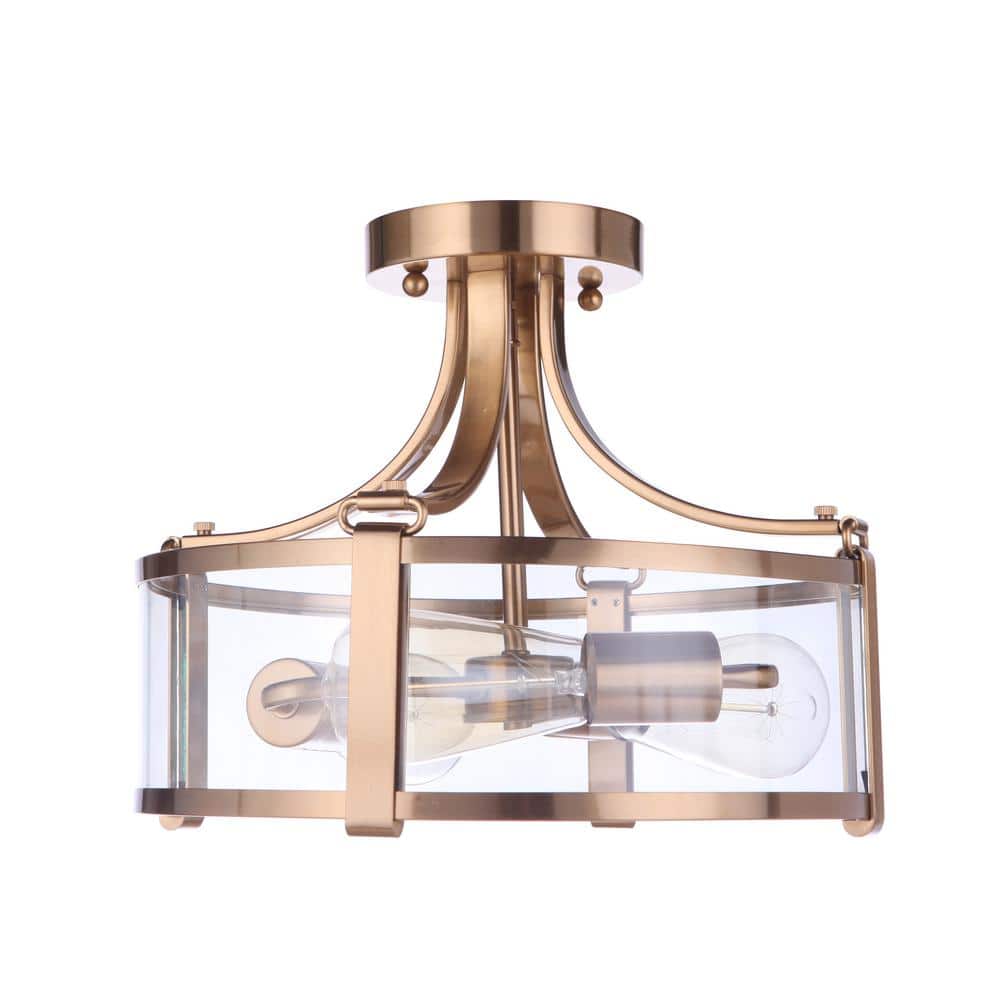 Satin Brass and Clear Glass Drum Semi-Flush Mount Light