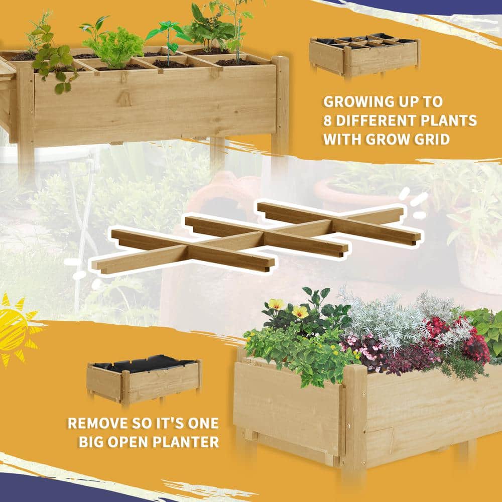 Elevated Natural Wood Garden Bed with Wheels and Storage Shelf
