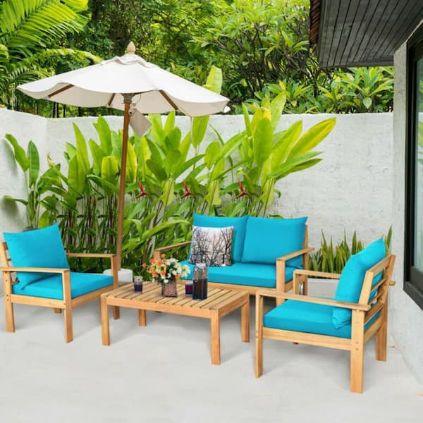 4-Piece Acacia Wood Outdoor Patio Conversation Set with Turquoise Cushions Water Resistant