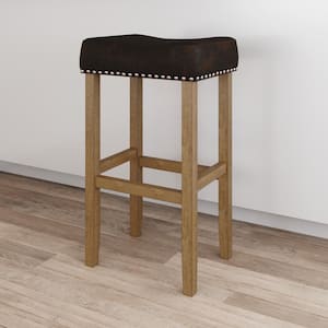 Hylie 29 in. Dark Brown Faux Leather Nailhead Saddle Cushion Natural Wood Pub-Height Counter Bar Stool