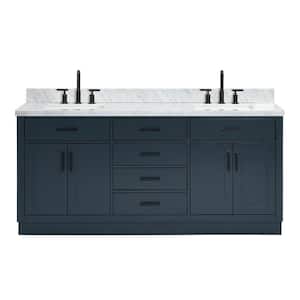 Hepburn 73 in. W x 22 in. D x 36 in. H Bath Vanity in Midnight Blue with Carrara Marble Vanity Top with White Basins