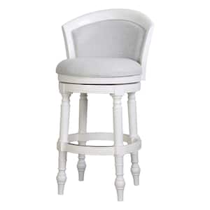 Emily 31in. Wood Barrel-Back Swivel Bar Stool, White with Grey Upholstered Seat and Back