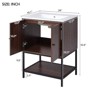 24 in. W x 18.1 in. D x 33.8 in. H Single Sink Bath Vanity in Walnut , White Ceramic Top, Soft-Close Doors, Open Storage