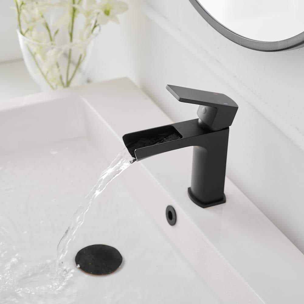 Matte Black Single-Handle Waterfall Bathroom Faucet with Drain Assembly