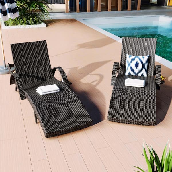 Zeus & Ruta Black Outdoor Wicker Chaise Lounge Chairs with 5-Level Adjustable Backrest Set of 2