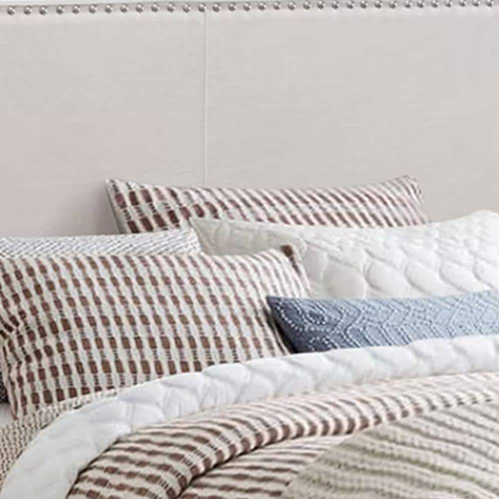 Ivory Upholstered Queen Platform Bed with Nailhead Trim and Wood Frame