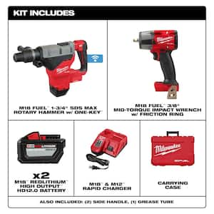 M18 FUEL ONE-KEY 18V Lith-Ion Brushless Cordless 1-3/4 in. SDS-MAX Rotary Hammer w/2 Batteries & 3/8 in. Impact Wrench