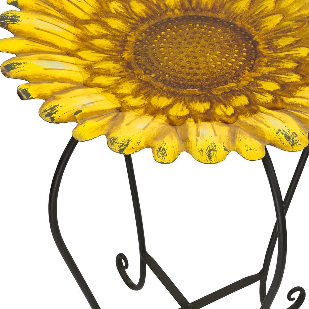 Yellow Metal Sunflower Bird Bath with Stand, 19"